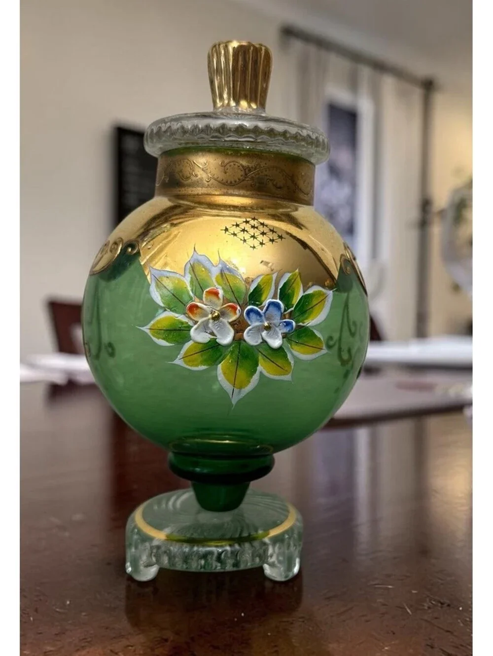 Vitg Green Glass Czech Bohemian Gold Enameled Flowers Pedestal Lidded Dish 8